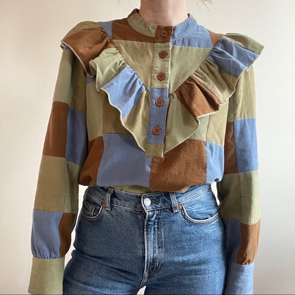 Antik Batik Tops - Antik Batik Lamo patchwork colorblock ruffle corduroy shirt blouse peasant sz M